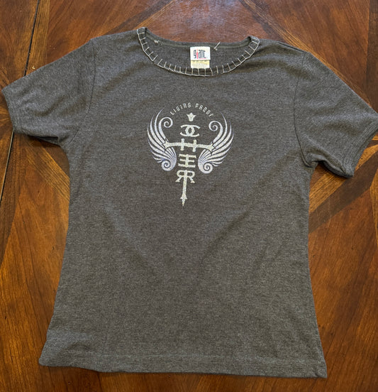 Cher Living Proof Grey Concert Tee with Hand-embroidered Trim