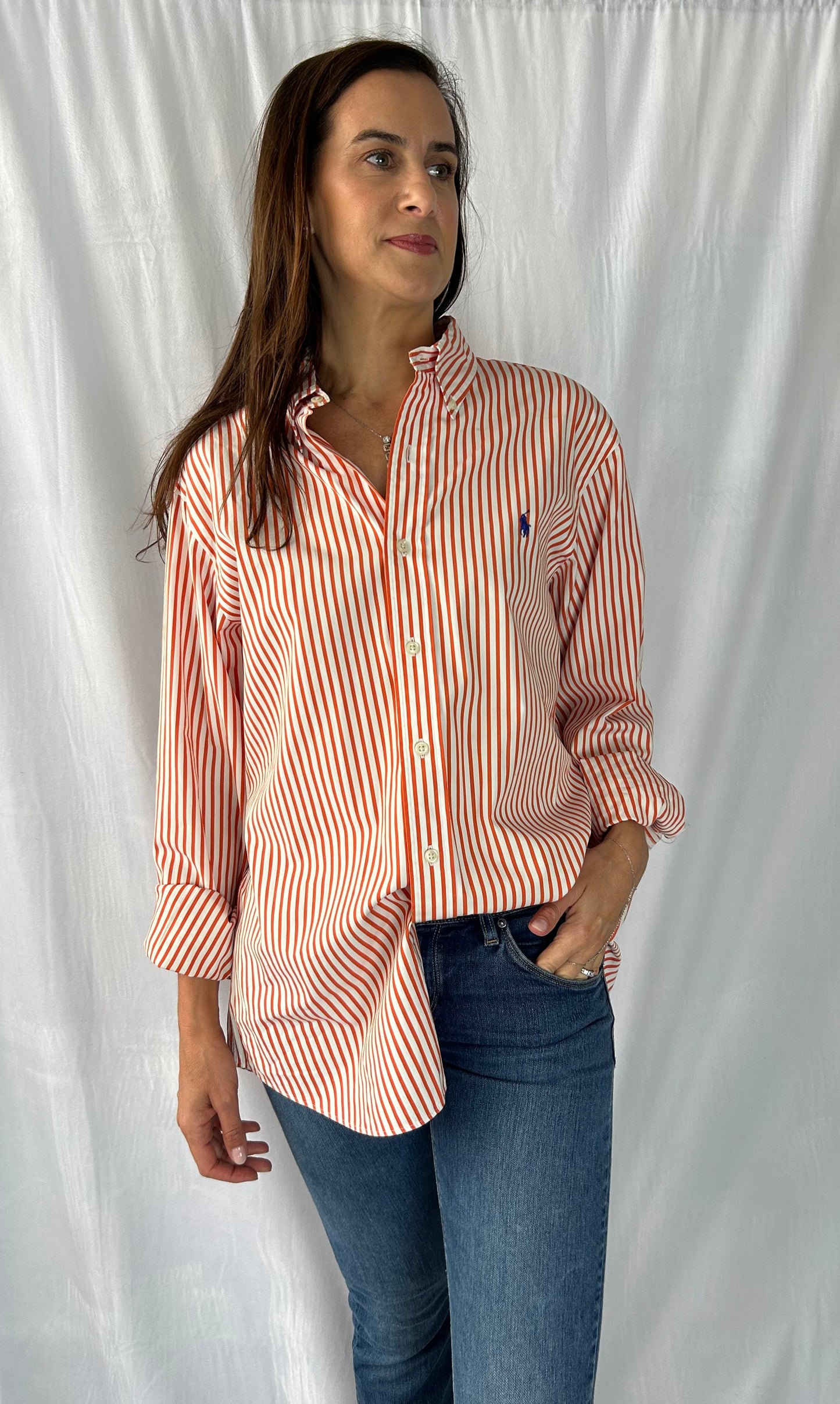 Ralph Lauren Red/Wht Stripe Shirt with Embroidered Patch