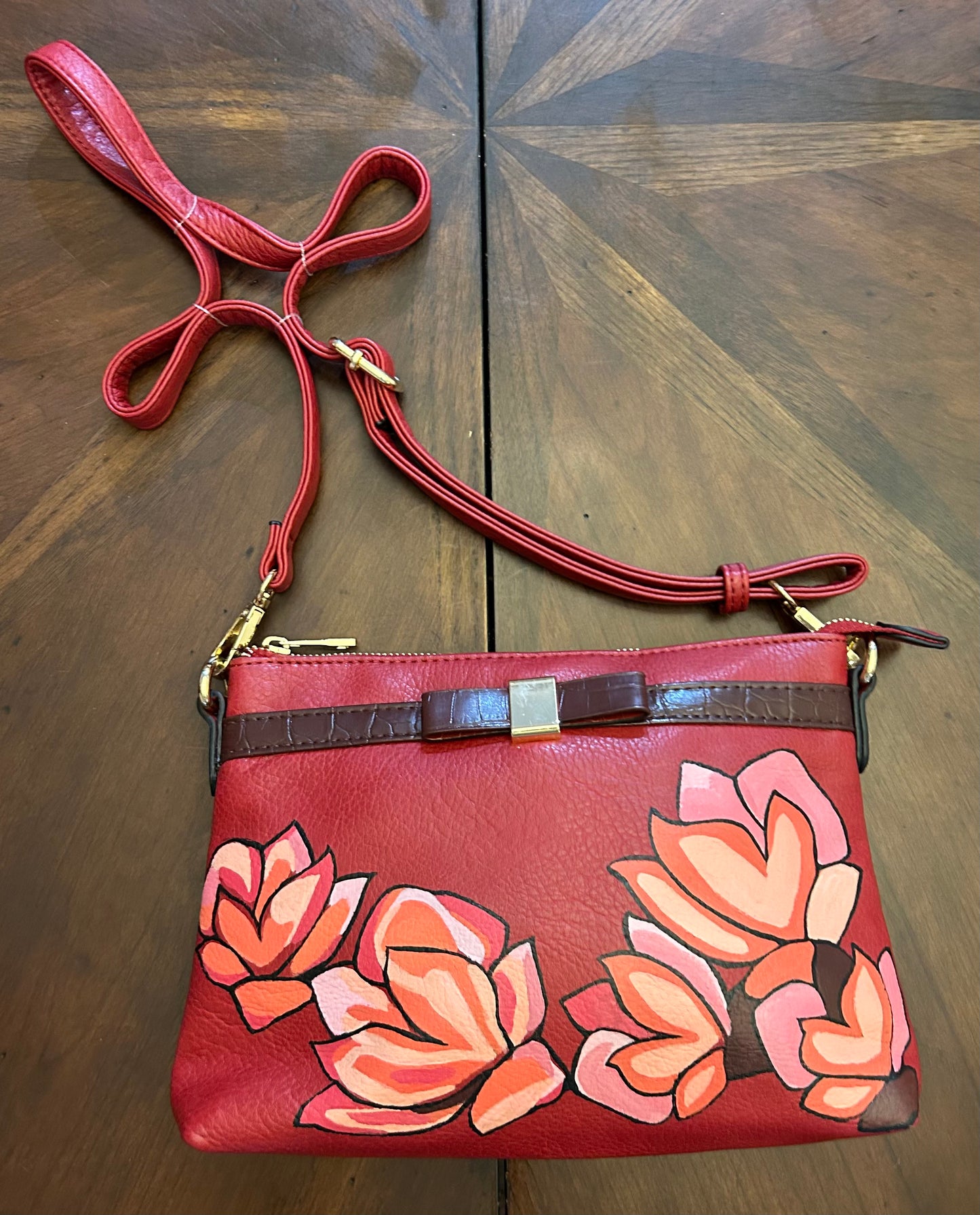 Hand-Painted Floral Shoulder Leather Bag with Bow