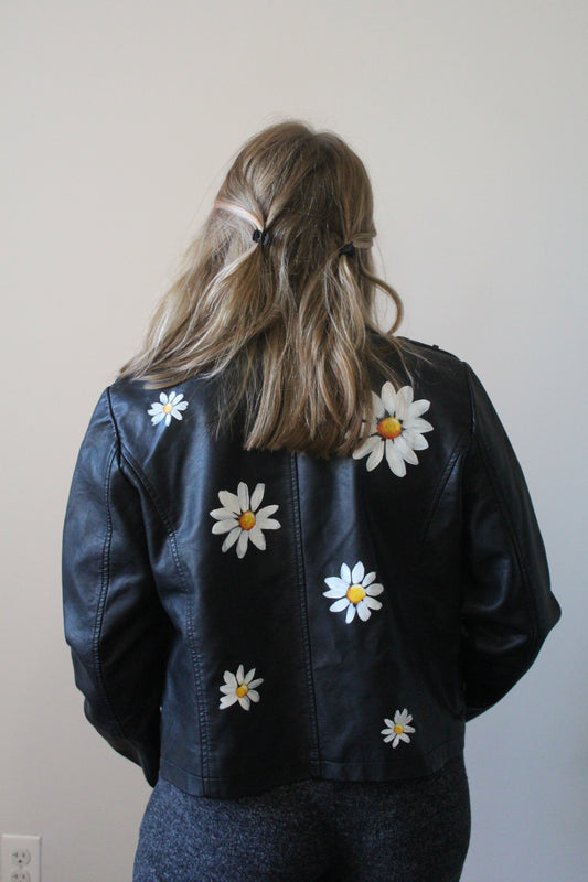 Faux Leather Biker Jacket with Hand-Painted Daisies