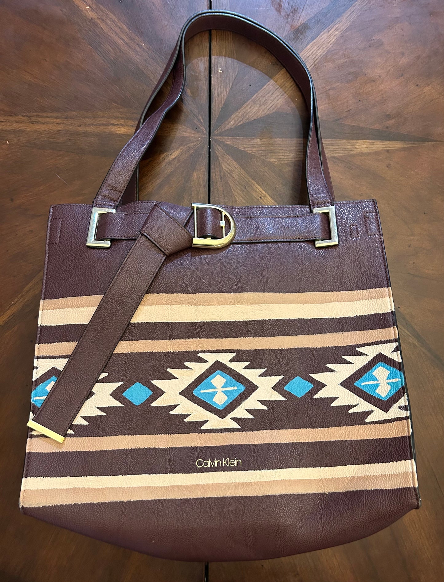 Calvin Klein Leather Handbag with Hand-Painted Western Art