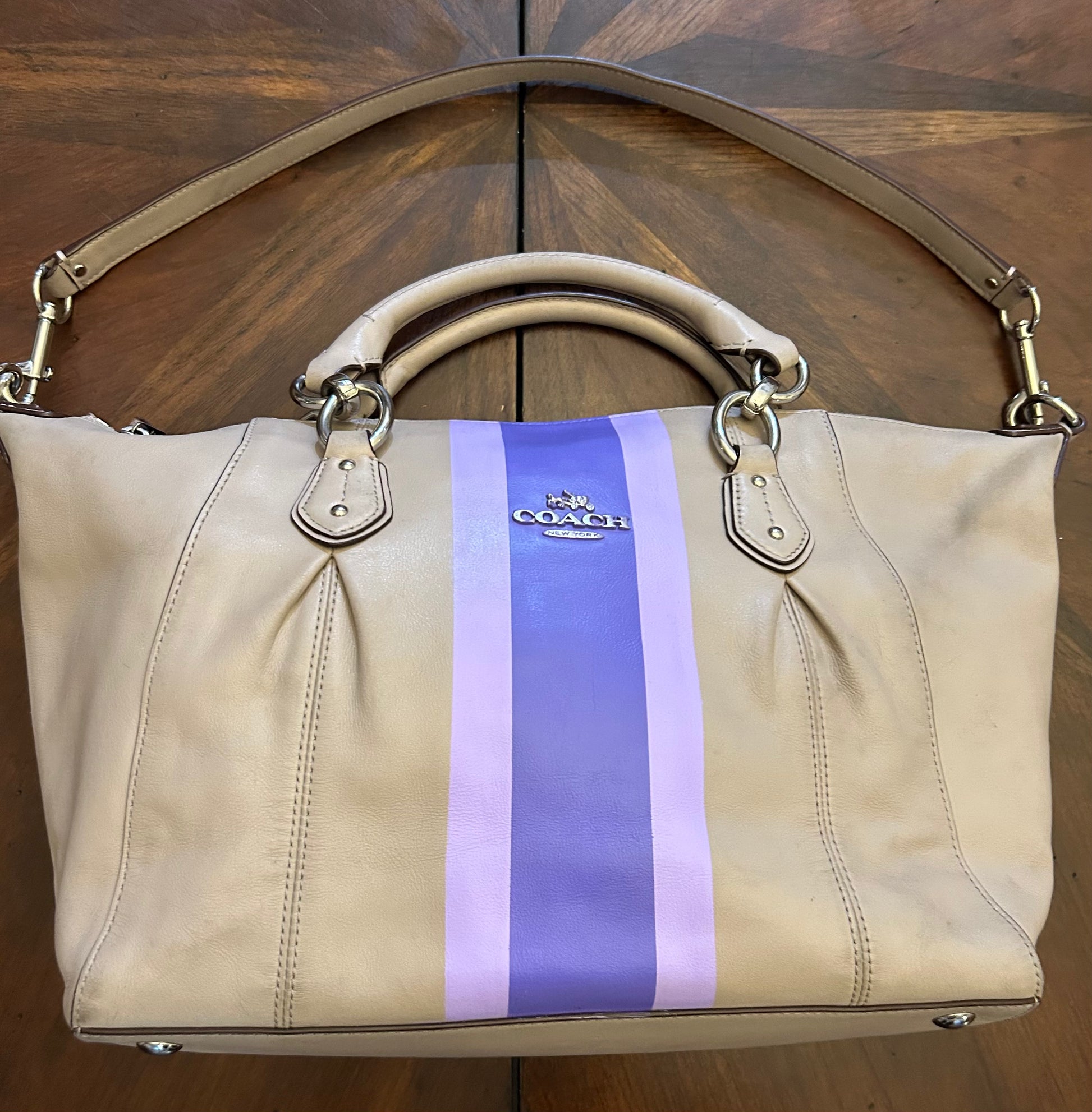 Coach Gray Leather Handbag with Purple Lavender Hand Painted Stripes Salvage Renaissance