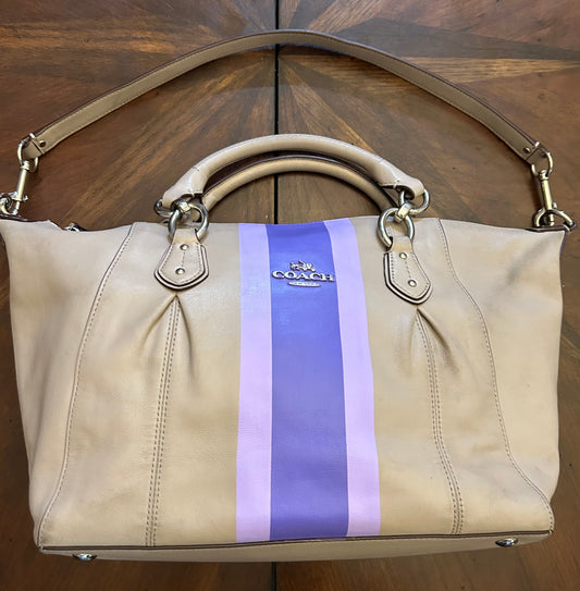 Coach Gray Leather Handbag with Purple & Lavender Hand-Painted Stripes