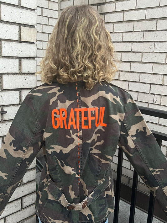 Camo Jacket with GRATEFUL Lettering and Hand-stitching