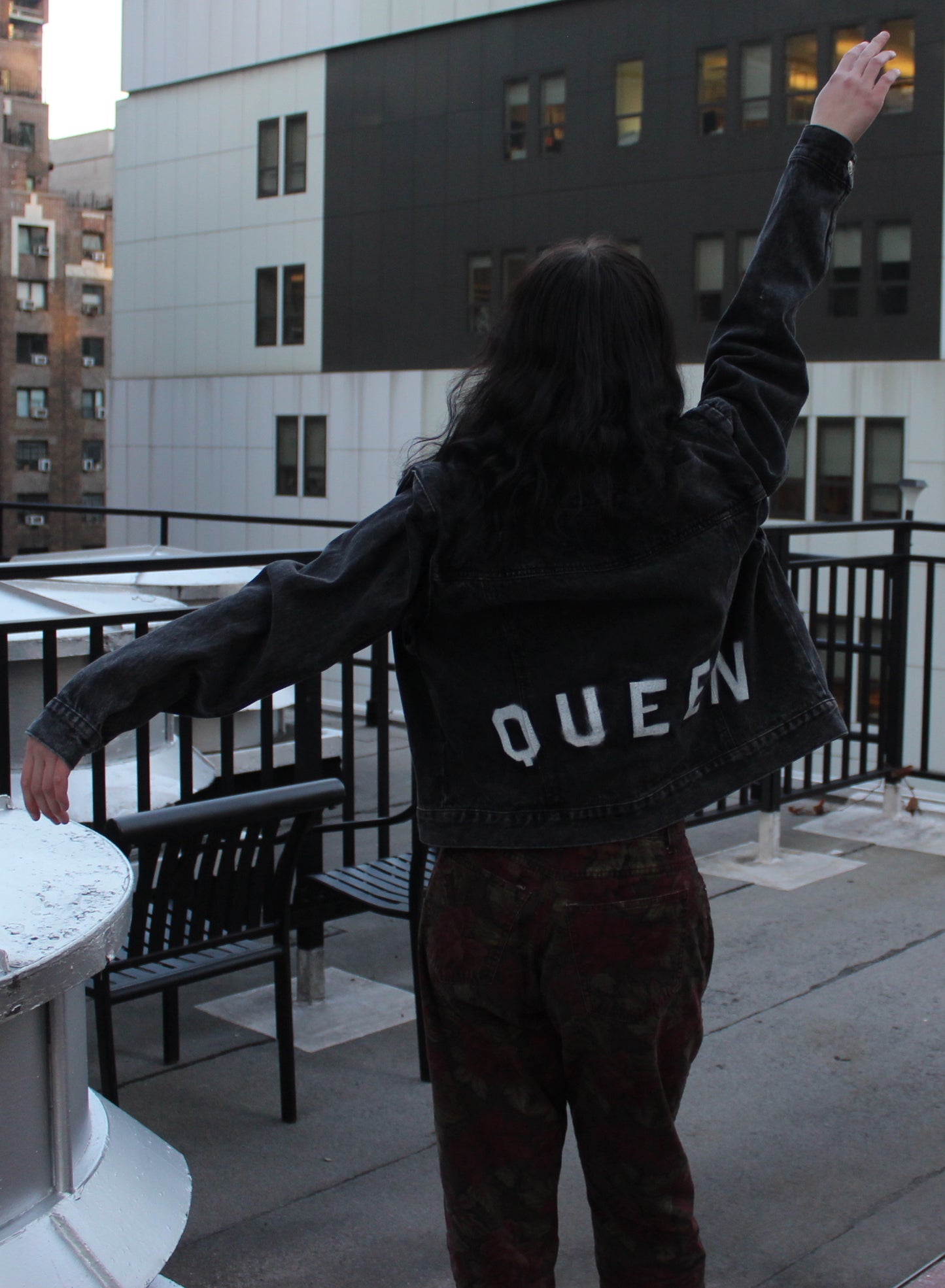 Denim Jacket with Hand-Painted QUEEN Lettering