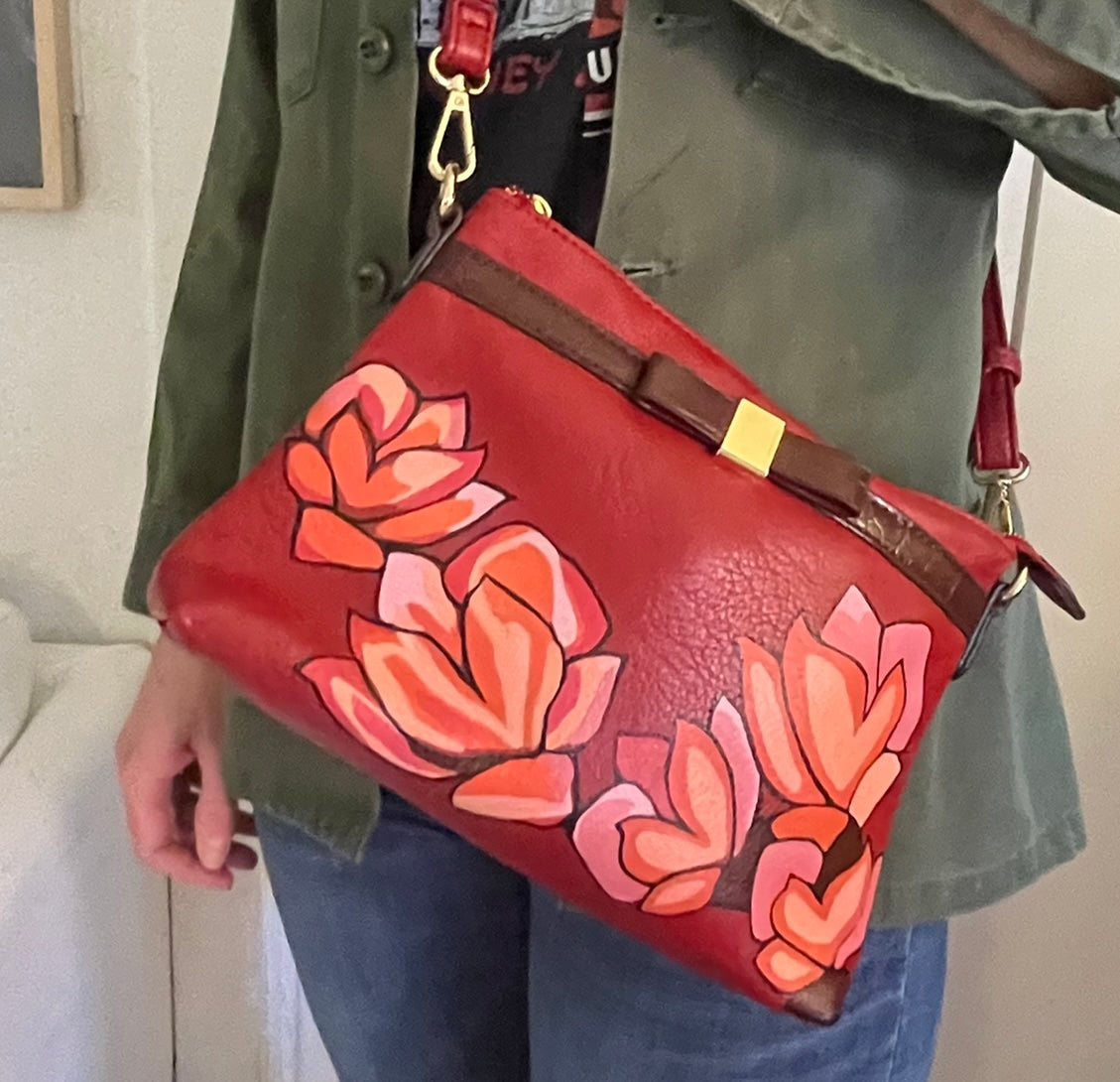 Hand-Painted Floral Shoulder Leather Bag with Bow