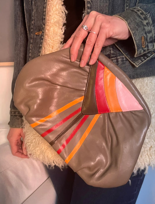 Hand-Painted Taupe Leather Bag with Stripes