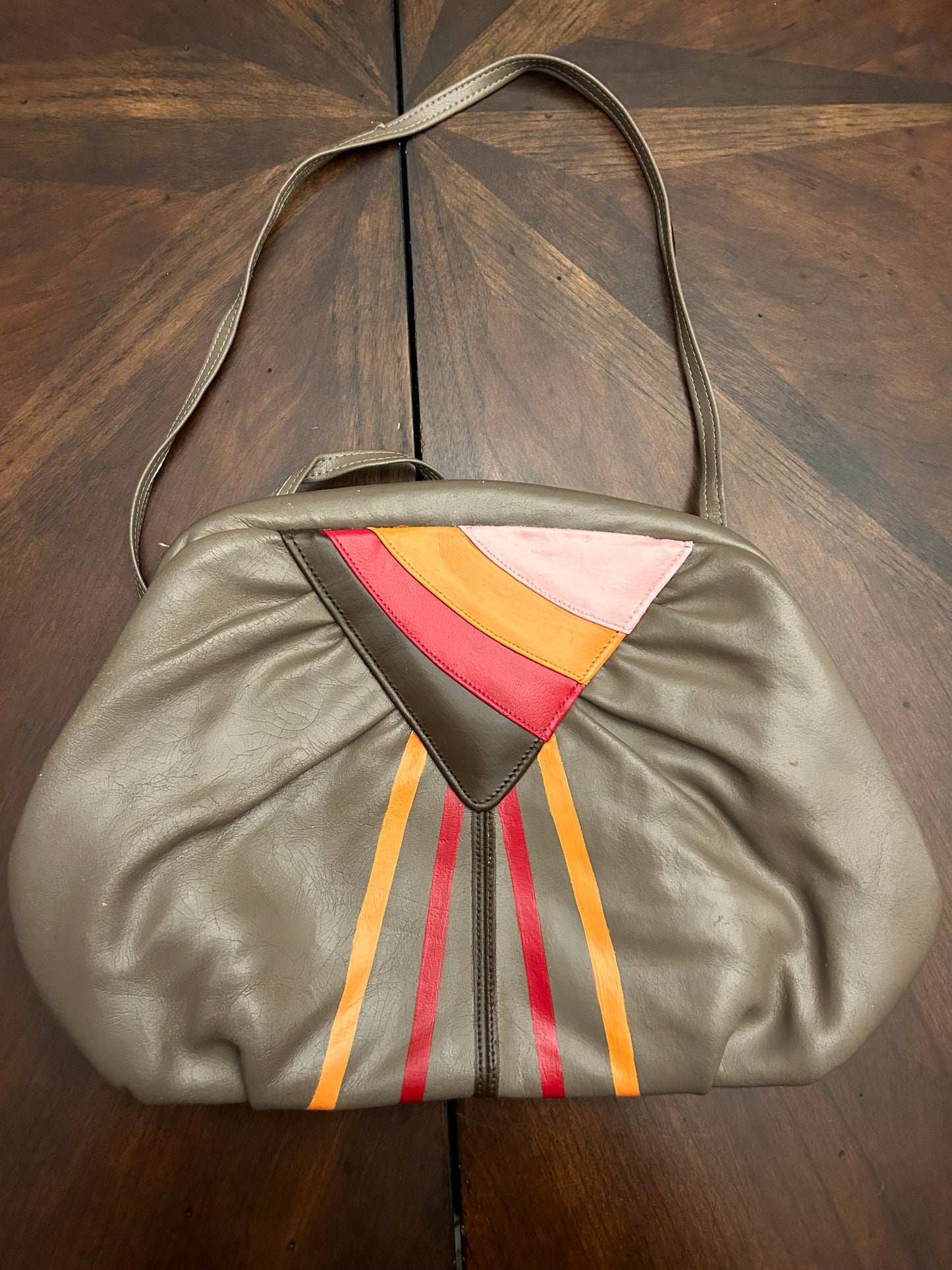 Hand-Painted Taupe Leather Bag with Stripes