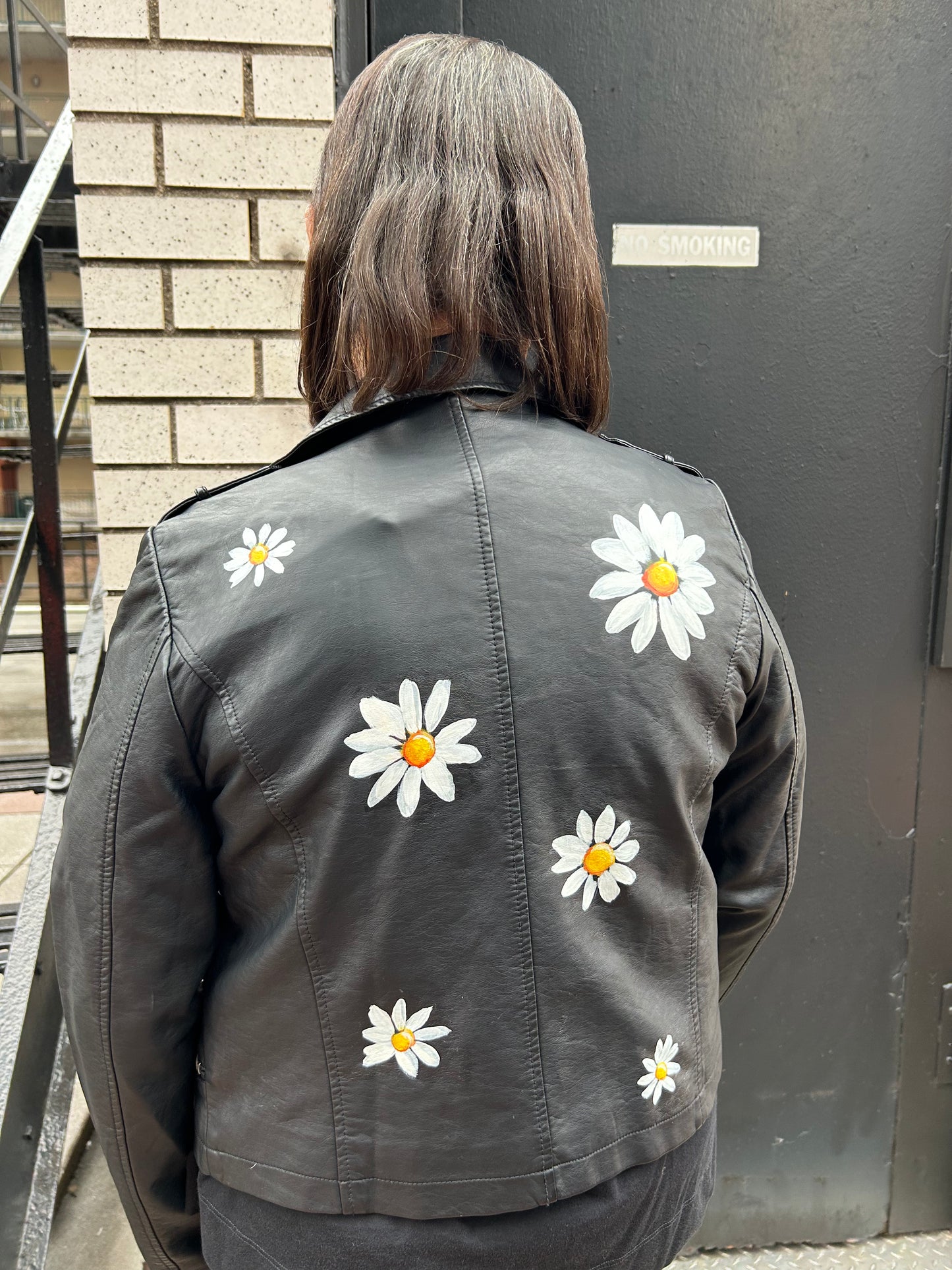 Faux Leather Biker Jacket with Hand-Painted Daisies