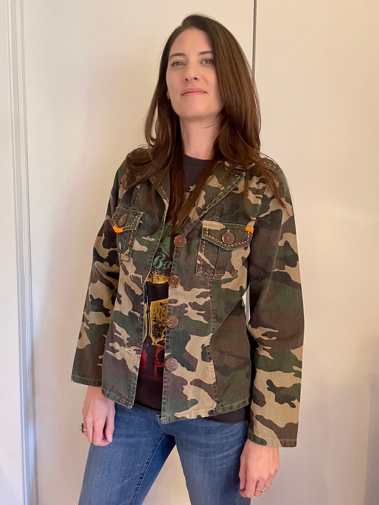 Camo Jacket with GRATEFUL Lettering and Hand-stitching