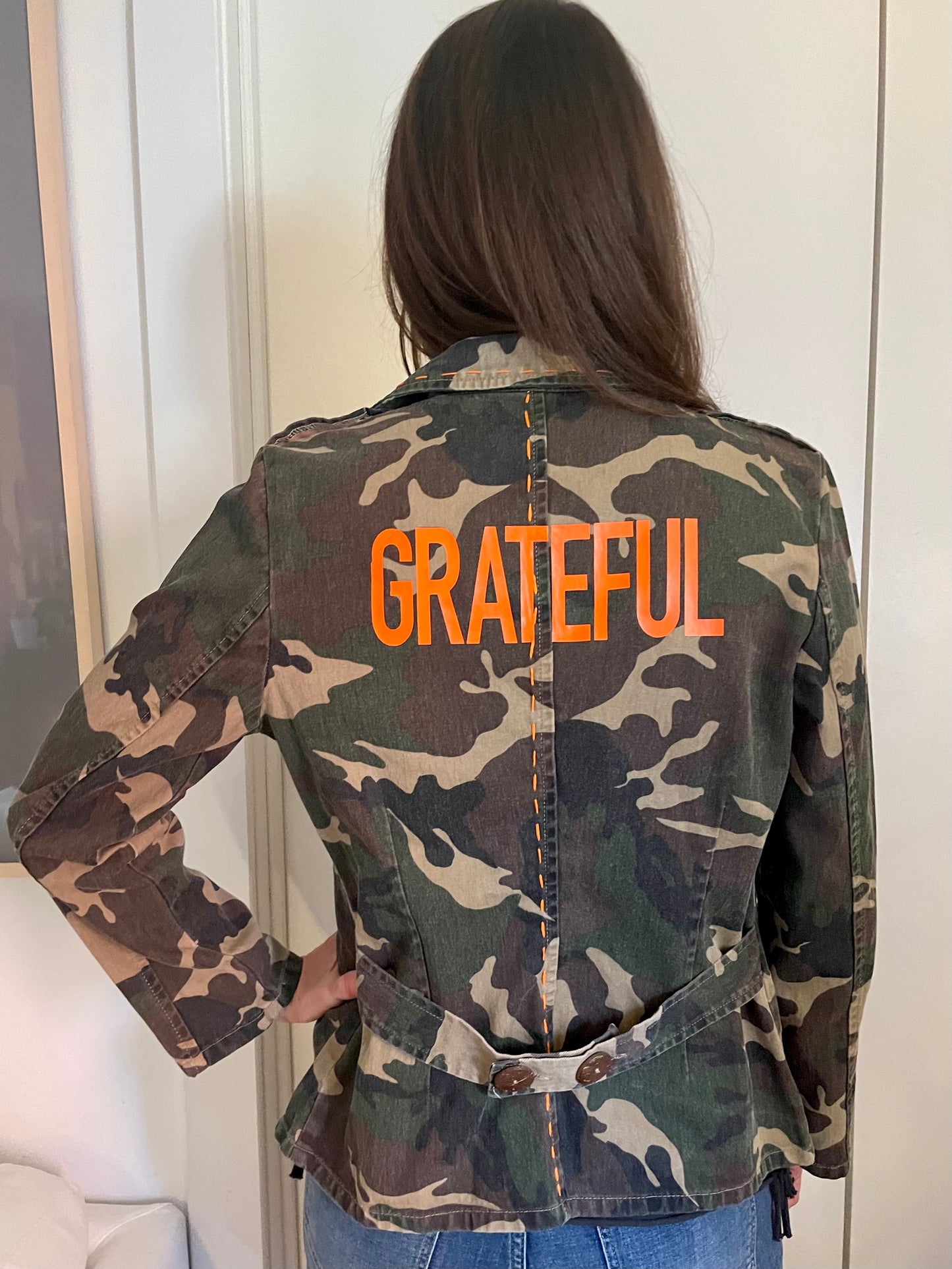 Camo Jacket with GRATEFUL Lettering and Hand-stitching