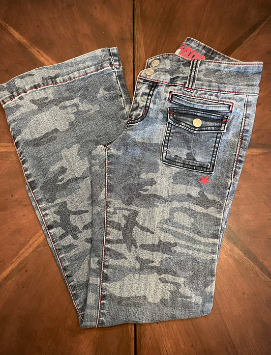Younique Faded Bootcut Mid-Rise Denim Camo Pant with Appliqué Stars