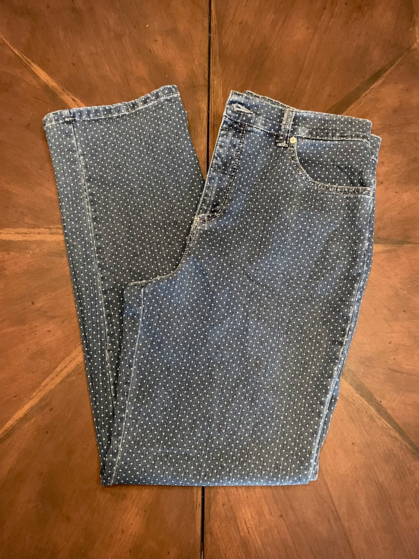 Gloria Vanderbilt Hi-Rise Straight Pindot Blue Jeans with Embroidery and Patch