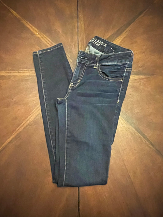 American Eagle Low-Rise Skinny Blue Jeans with Orange Stitching