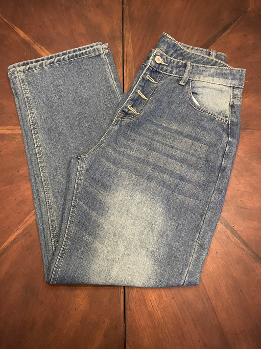 Distressed Button-front  High-waisted Regular Leg  Blue Jeans