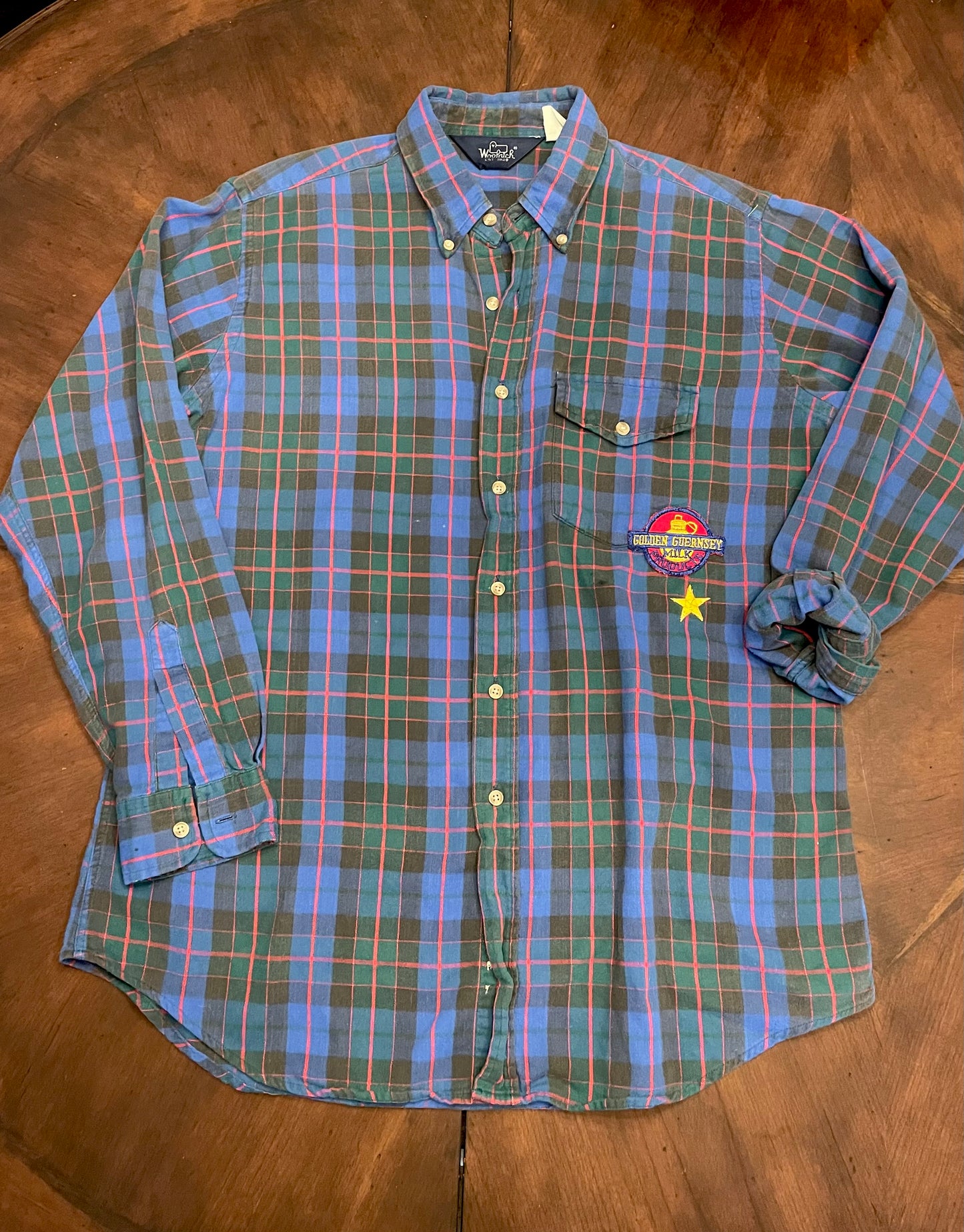 Woolrich Tartan Blue-Green-Red Flannel Shirt with Pocket and Guernsey Patch