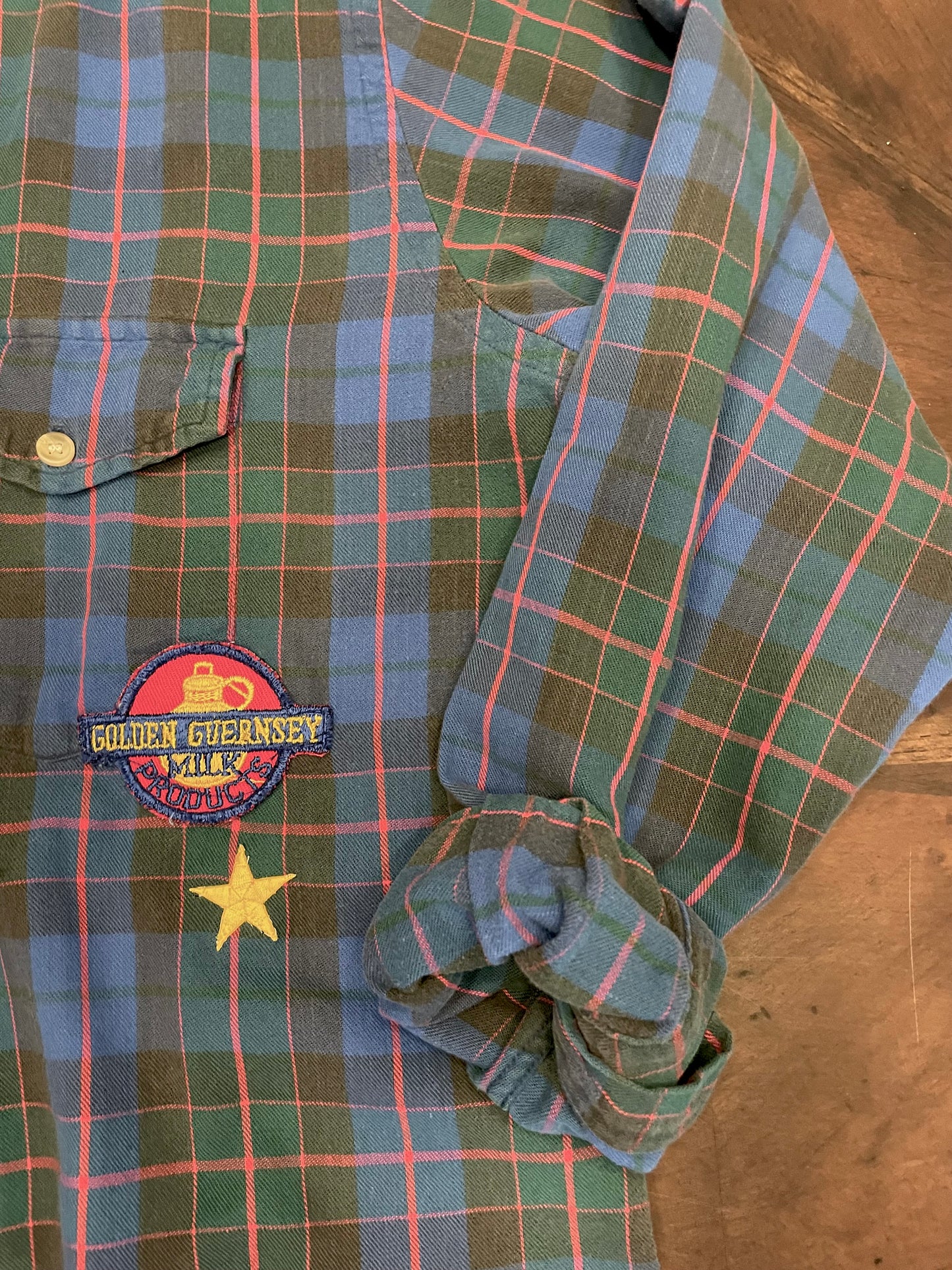 Woolrich Tartan Blue-Green-Red Flannel Shirt with Pocket and Guernsey Patch