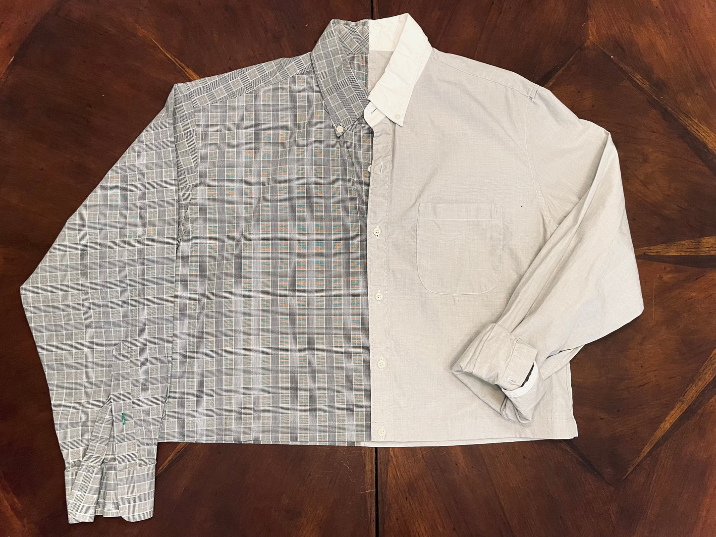 Fused Graph Check & Solid Grey Cropped Button-Up Shirt