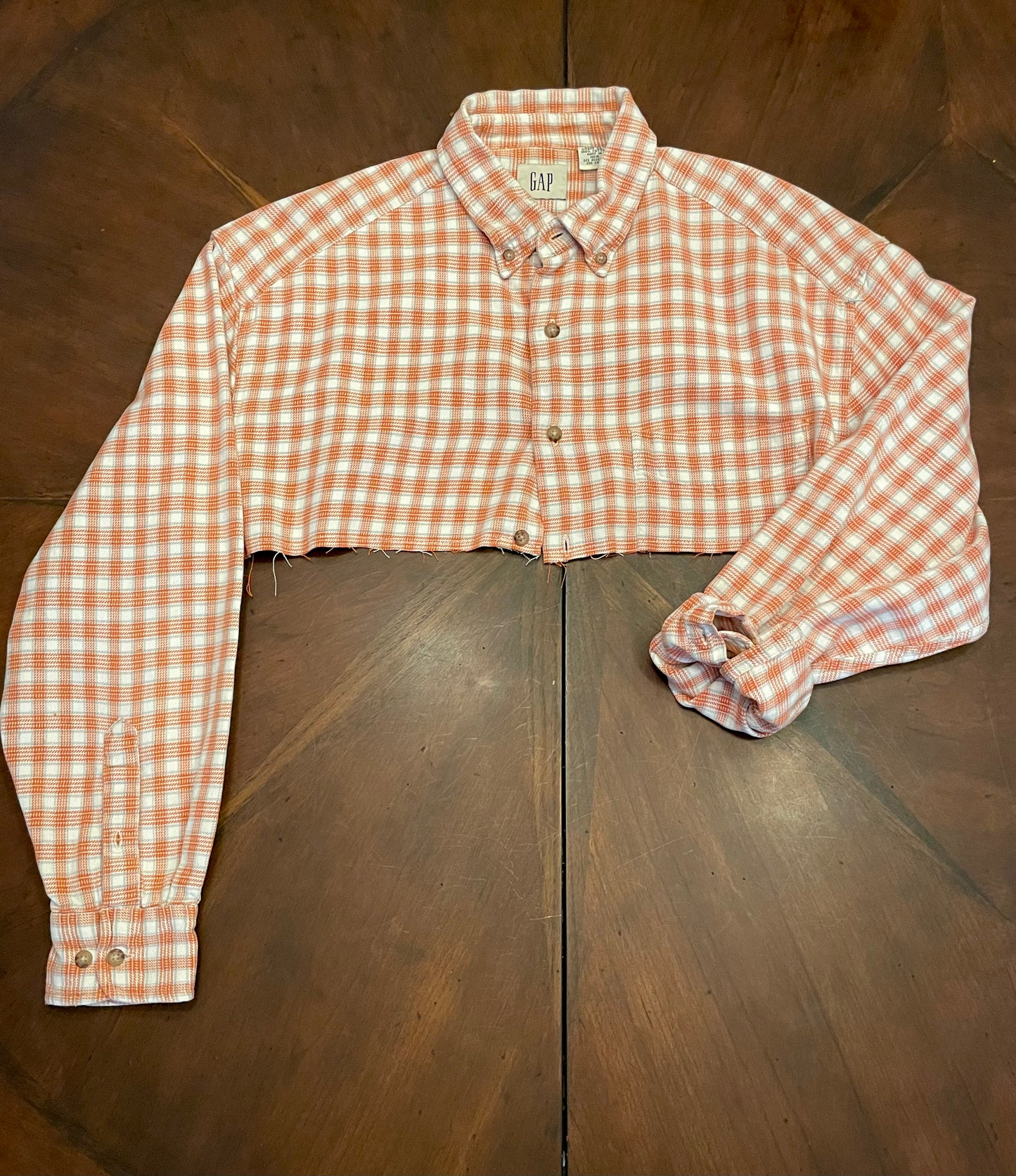 Gap Cropped/Frayed Tangerine & White Plaid Button-front Shirt