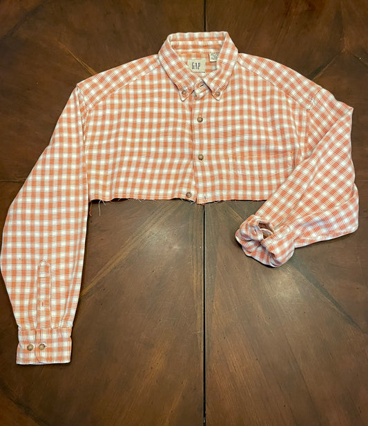 Gap Cropped/Frayed Tangerine & White Plaid Button-front Shirt