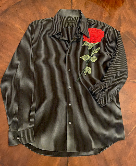 Express Design Vertical Stripe Shirt with Rose Appliqué