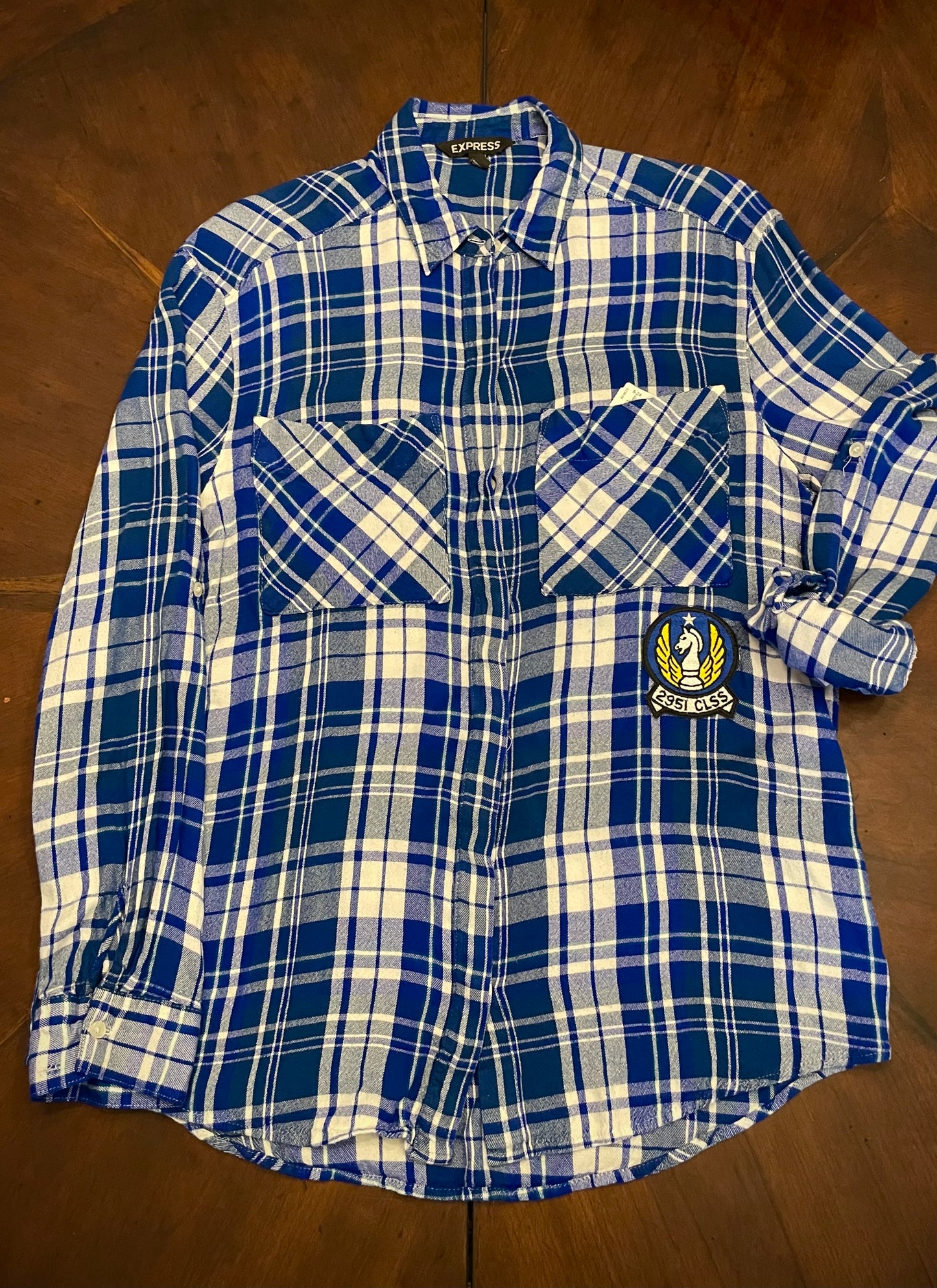 Express Blue Plaid Flannel Shirt with Horse Patch Applique