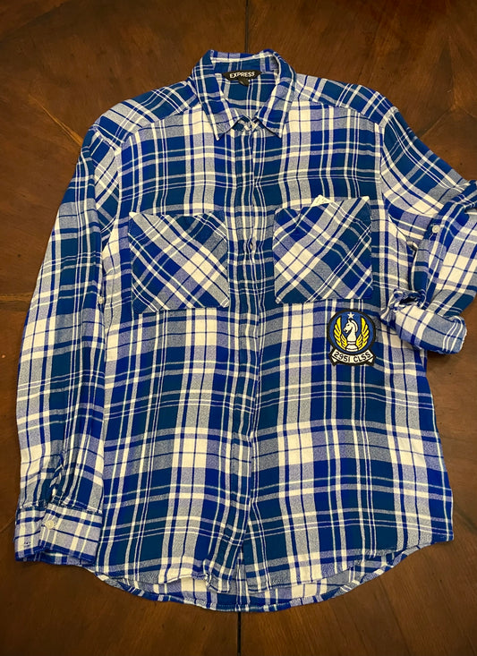 Express Blue Plaid Flannel Shirt with Horse Patch Applique