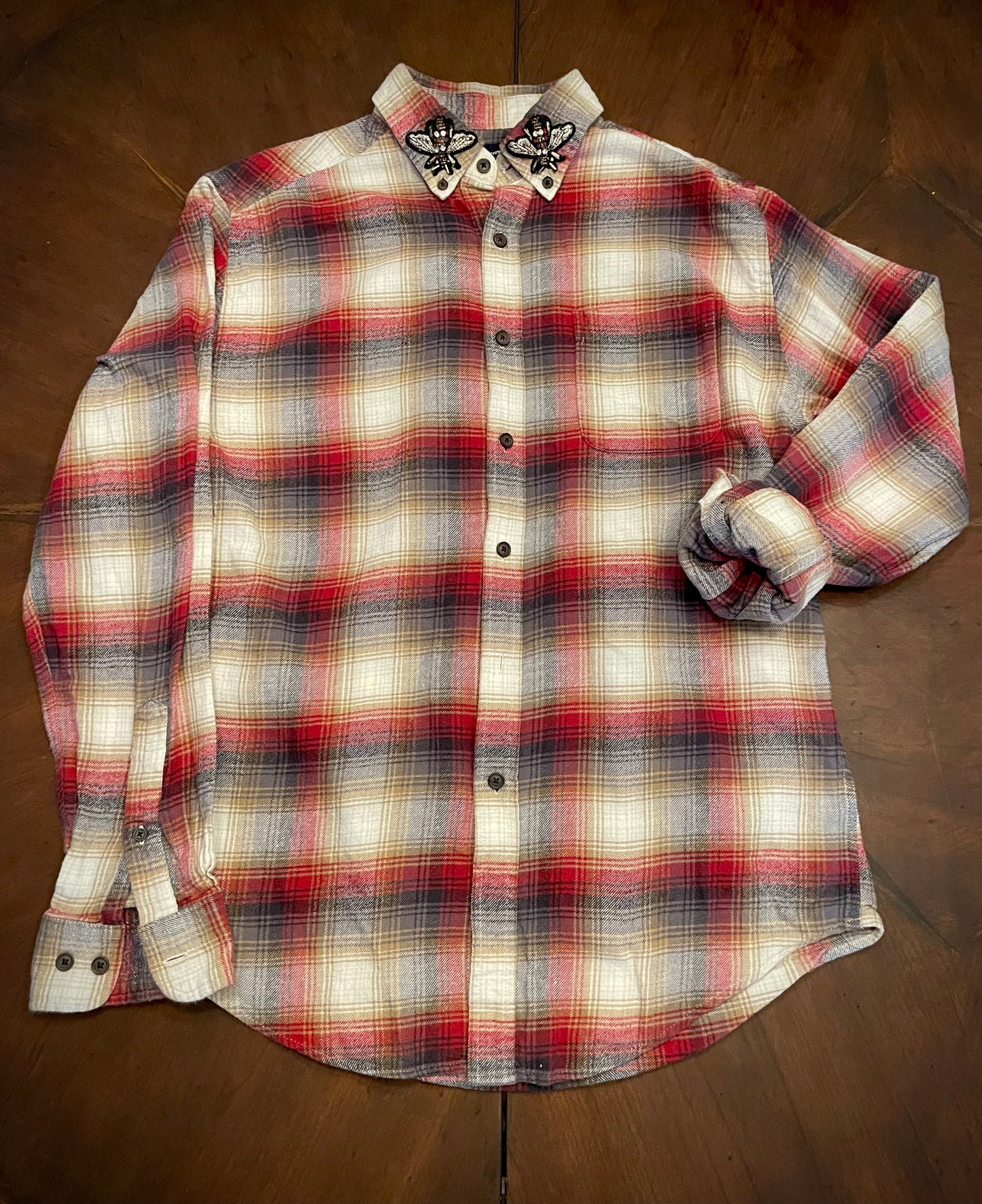 Frost & Barrow Red Plaid Flannel Shirt with Bee Patches