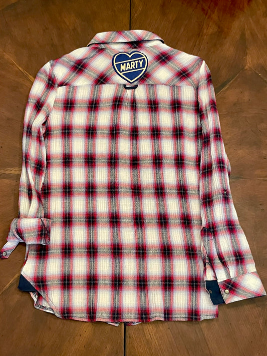 KUT Red Plaid Shirt with Snaps and 'MARTY' Patch