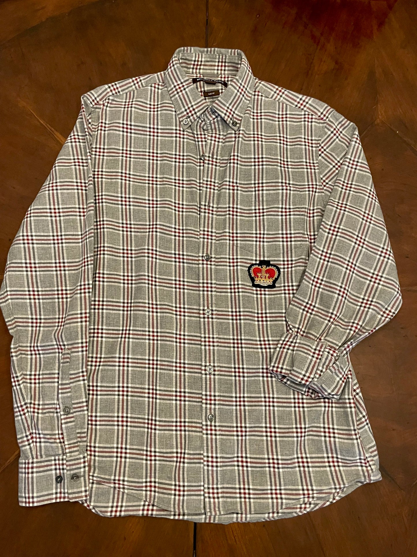 Michael Kors Grey & Red Plaid Shirt with Crown Patch