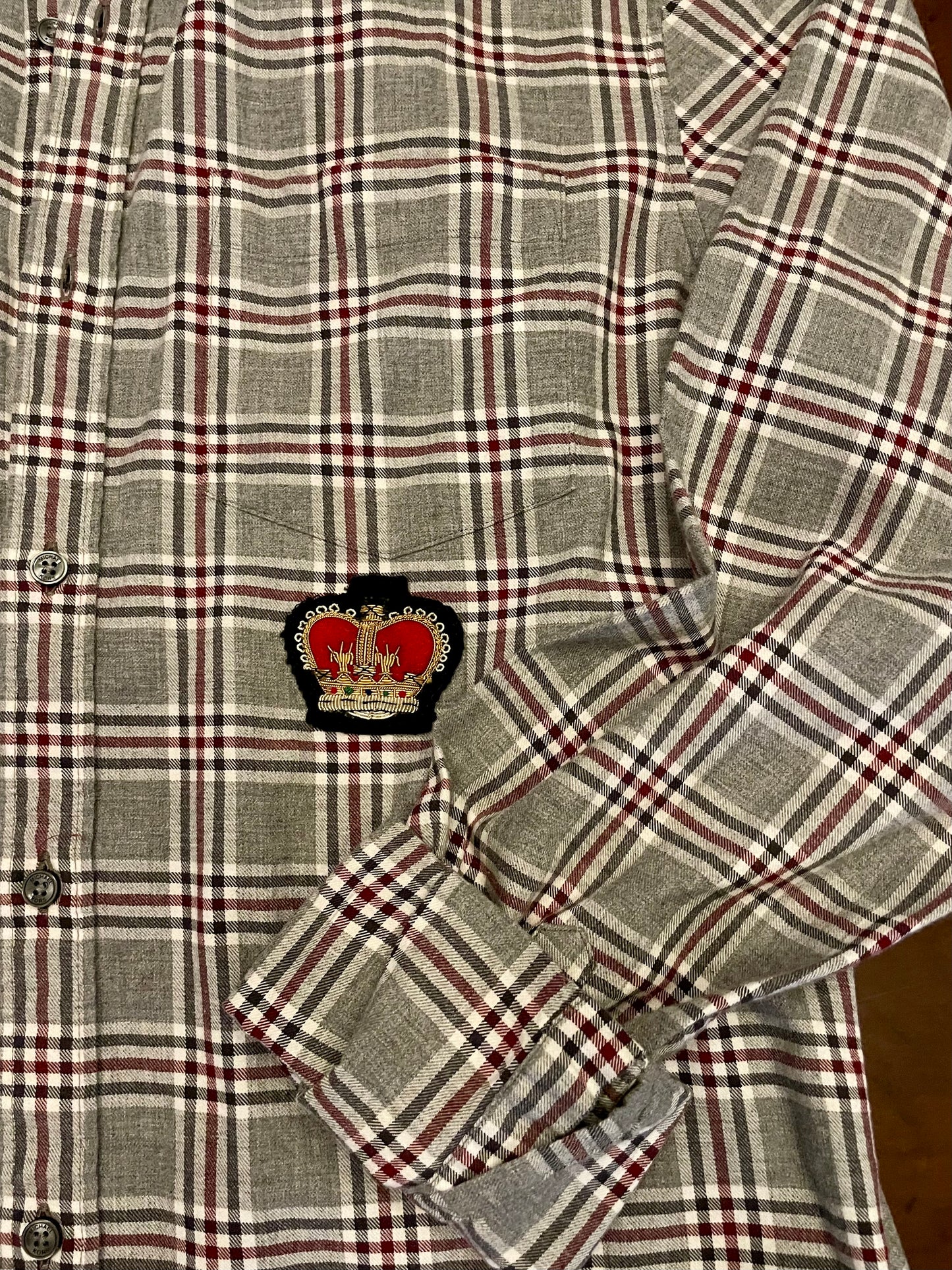 Michael Kors Grey & Red Plaid Shirt with Crown Patch