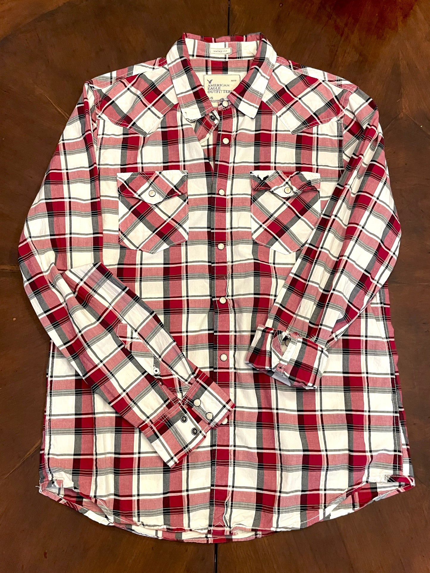 American Eagle Red Windowpane Plaid Shirt with Dragon Applique