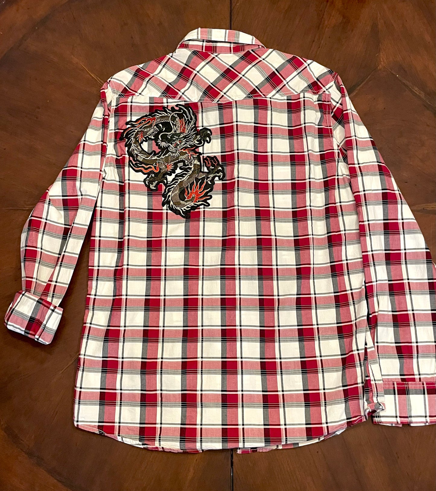 American Eagle Red Windowpane Plaid Shirt with Dragon Applique