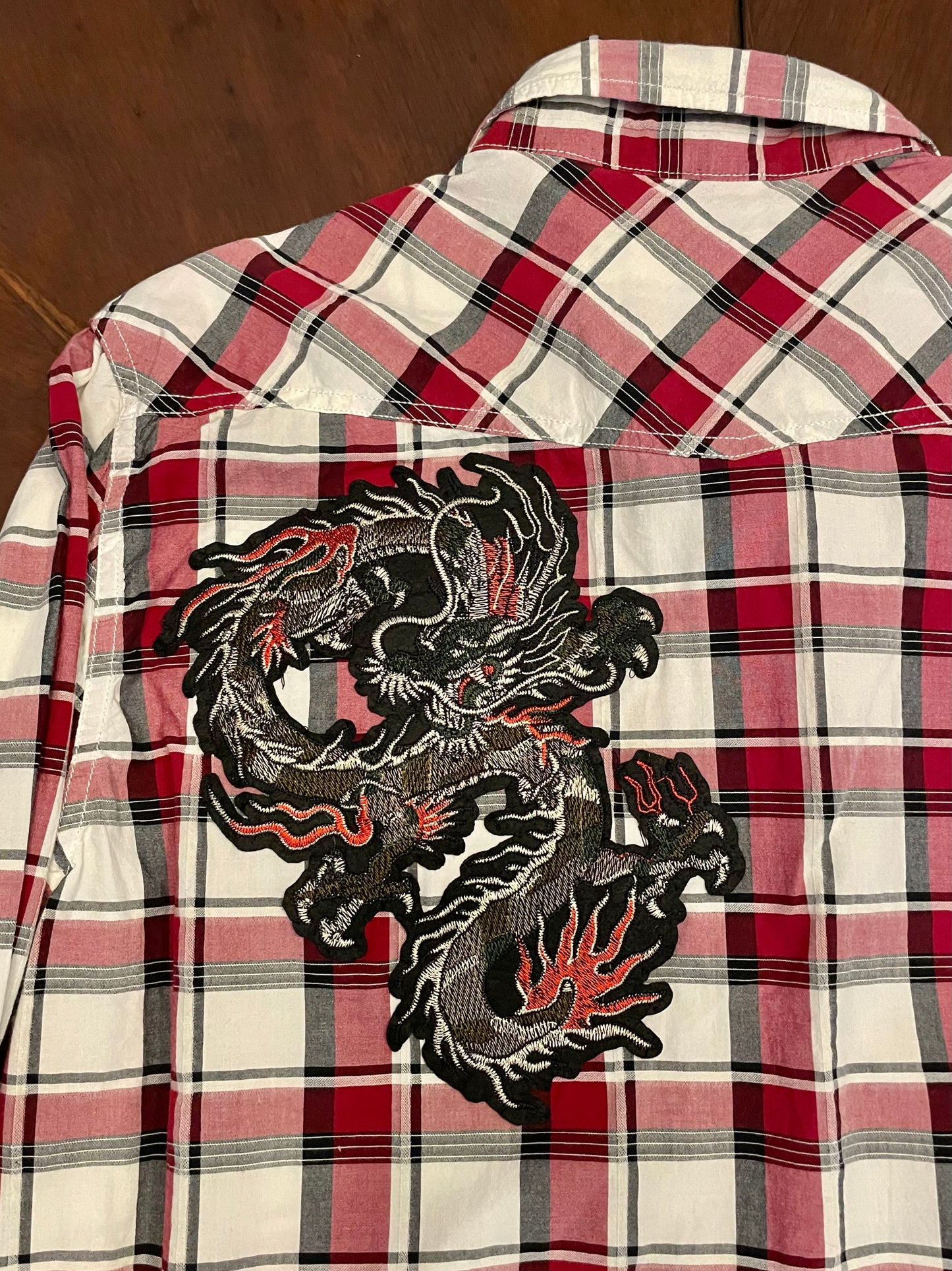 American Eagle Red Windowpane Plaid Shirt with Dragon Applique