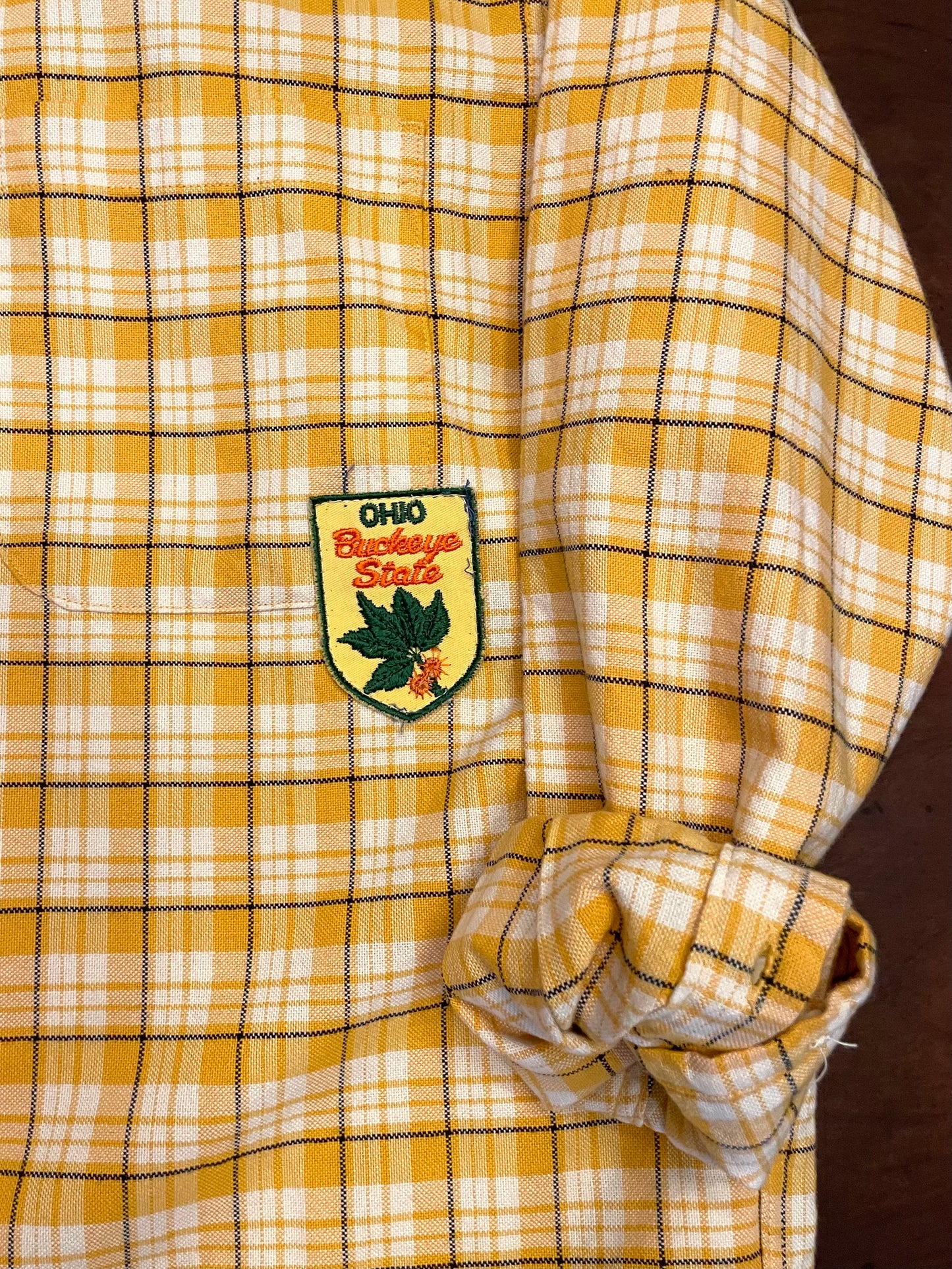 Eddie Bauer Tartan Yellow Plaid Shirt with Ohio Patch