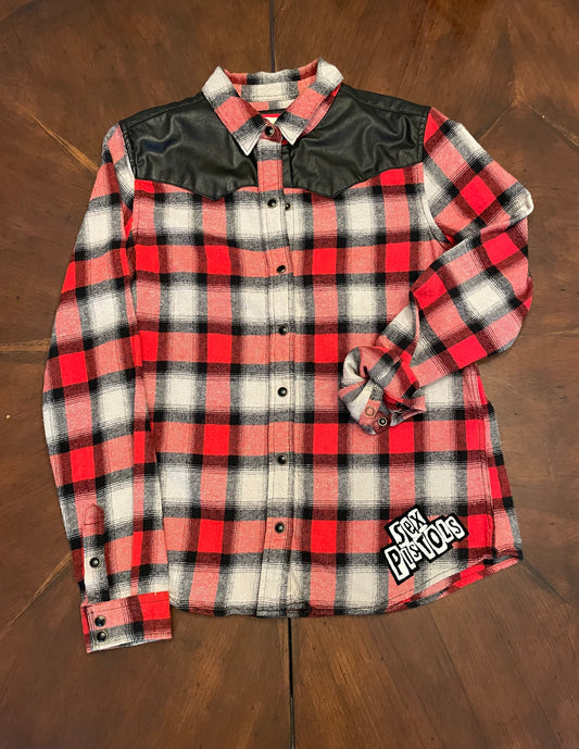 Red Windowpane Plaid Shirt with Faux Leather Shoulders & Sex Pistols Patch