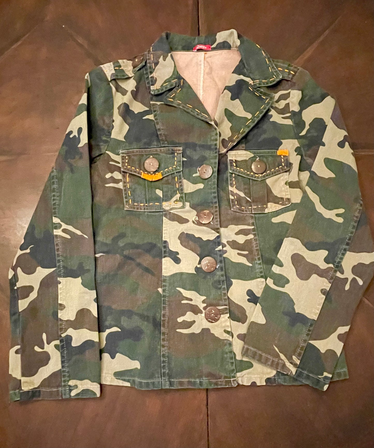 Camo Jacket with GRATEFUL Lettering and Hand-stitching