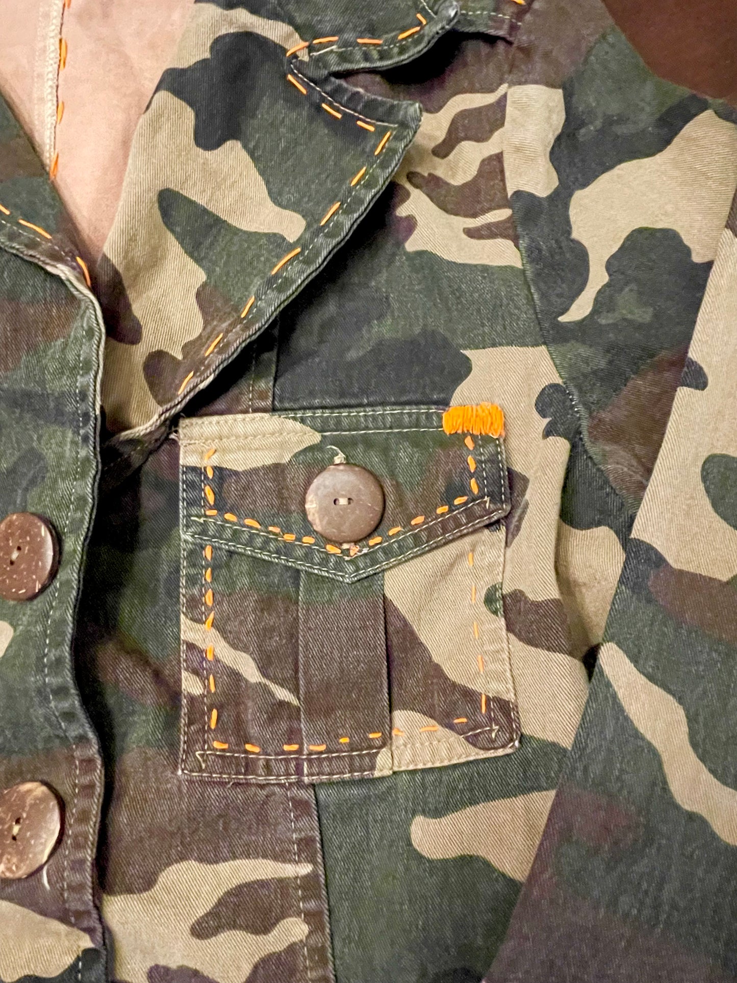 Camo Jacket with GRATEFUL Lettering and Hand-stitching