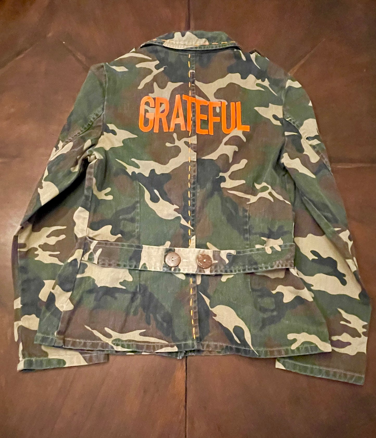 Camo Jacket with GRATEFUL Lettering and Hand-stitching