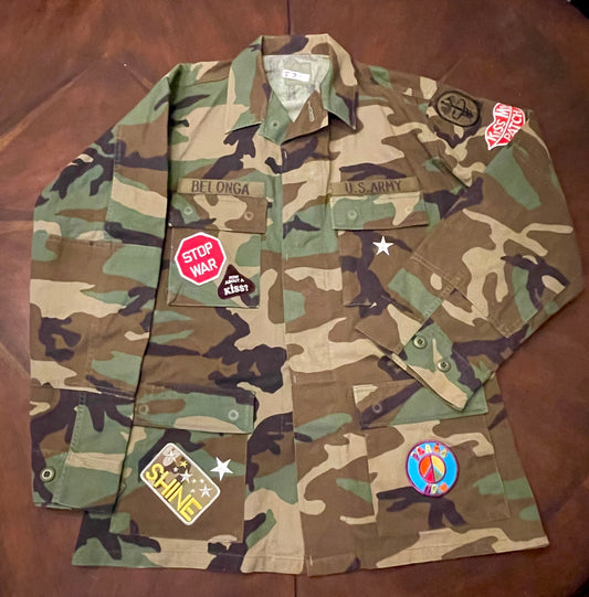 Camo Military Jacket with Vintage Statement Patches