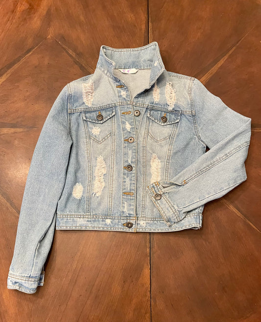 Destructed Denim Jacket with Floral Applique