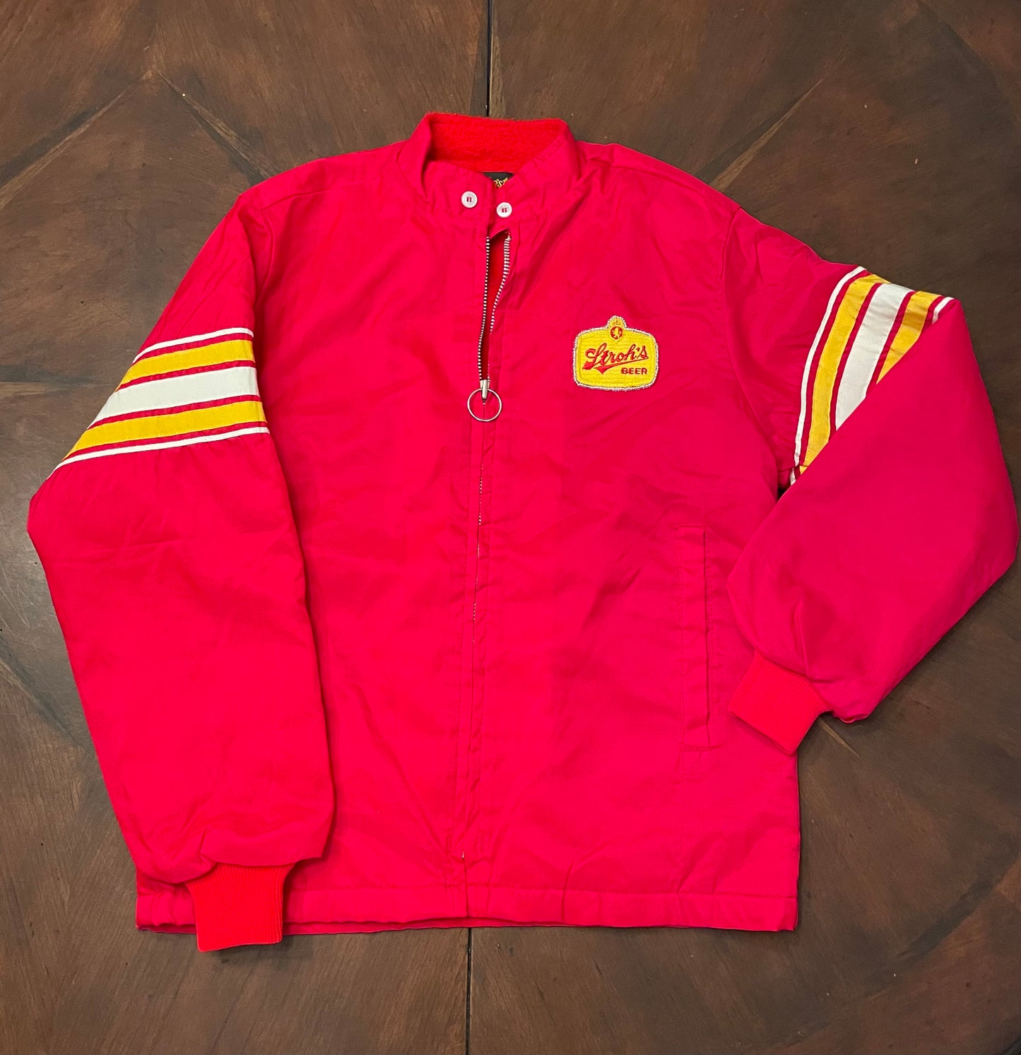 Stroh's Beer Vintage Red Jacket with Stripe Inset and Hand-Beading