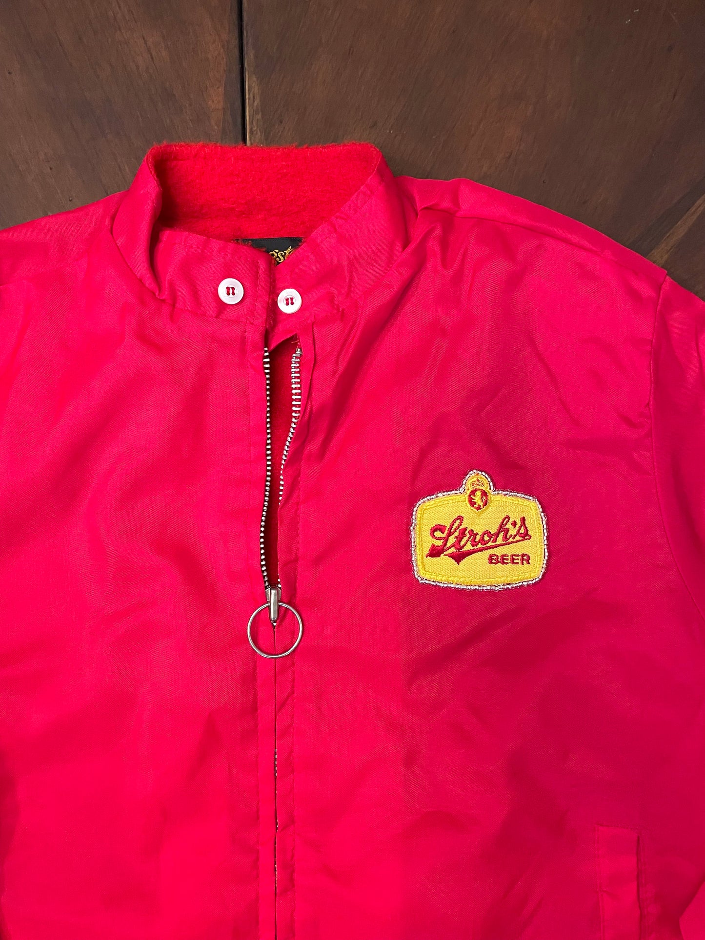 Stroh's Beer Vintage Red Jacket with Stripe Inset and Hand-Beading