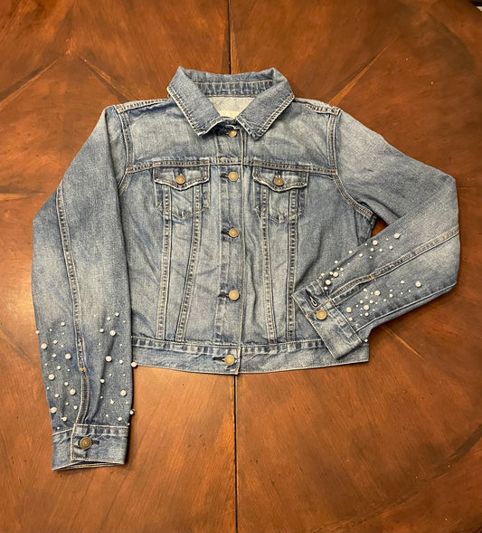 Denim Jacket with Faux-Pearl Sleeves