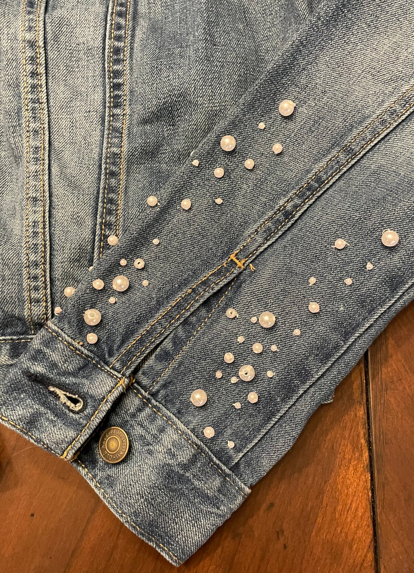 Denim Jacket with Faux-Pearl Sleeves