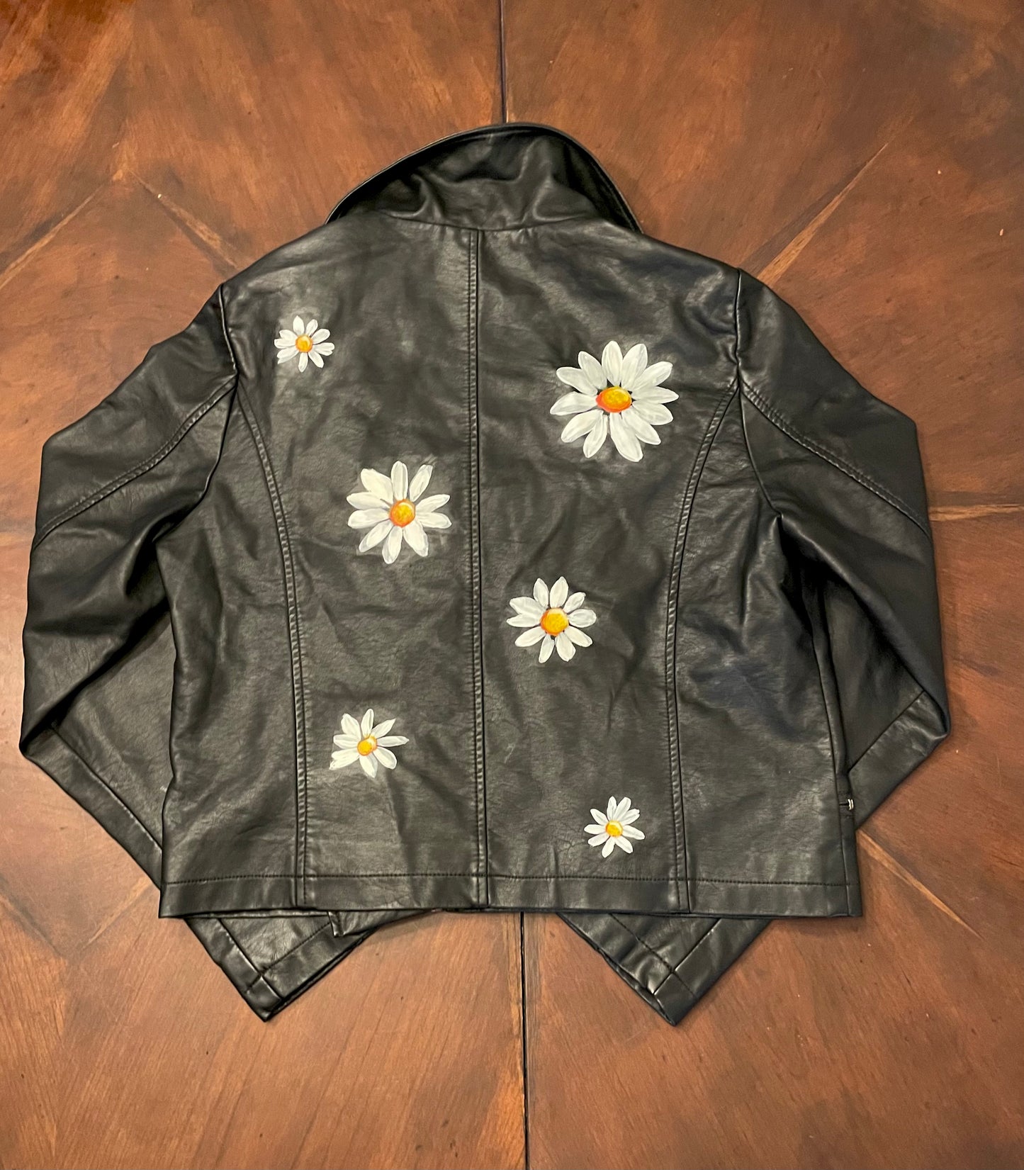 Faux Leather Biker Jacket with Hand-Painted Daisies