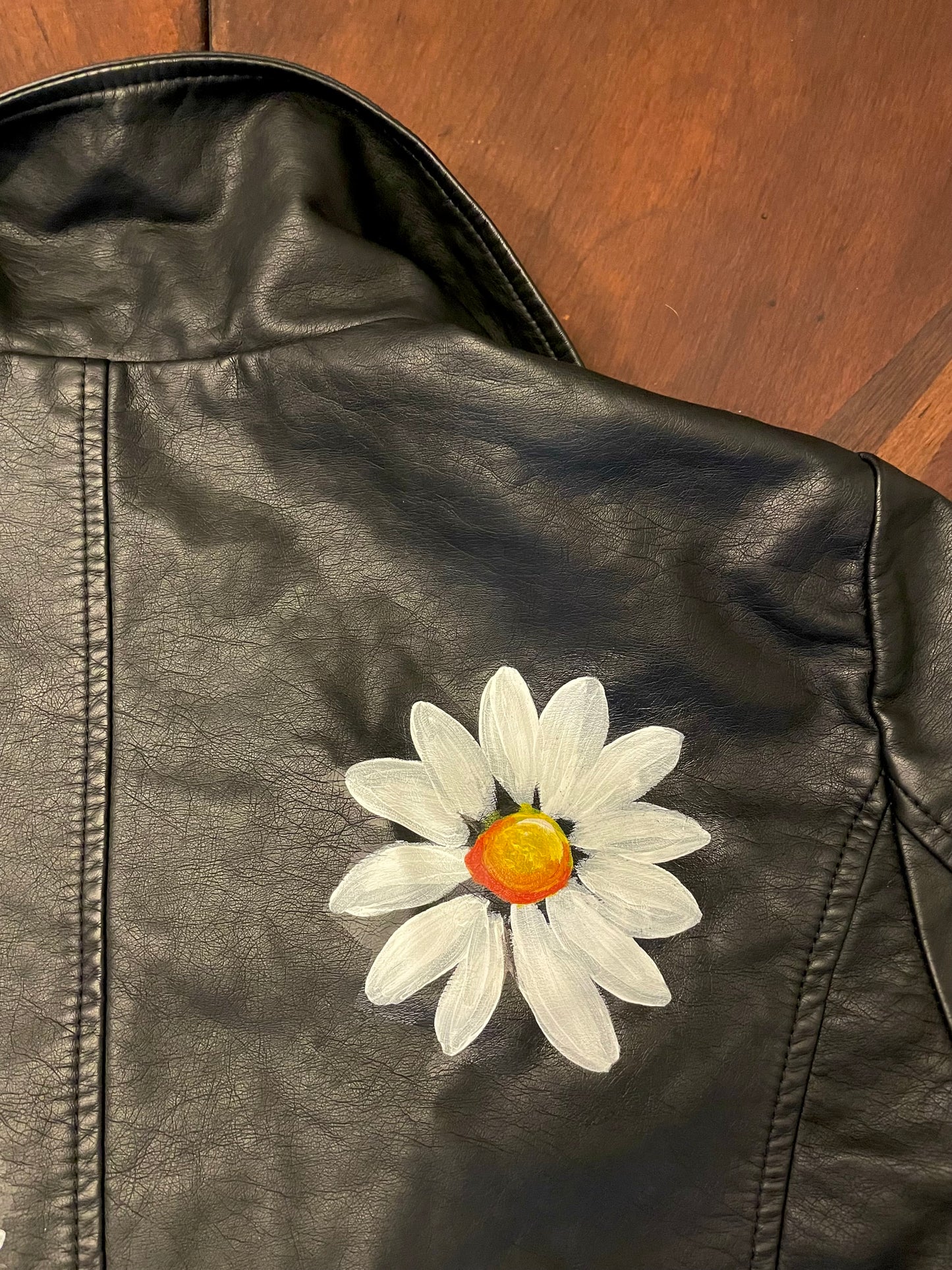 Faux Leather Biker Jacket with Hand-Painted Daisies