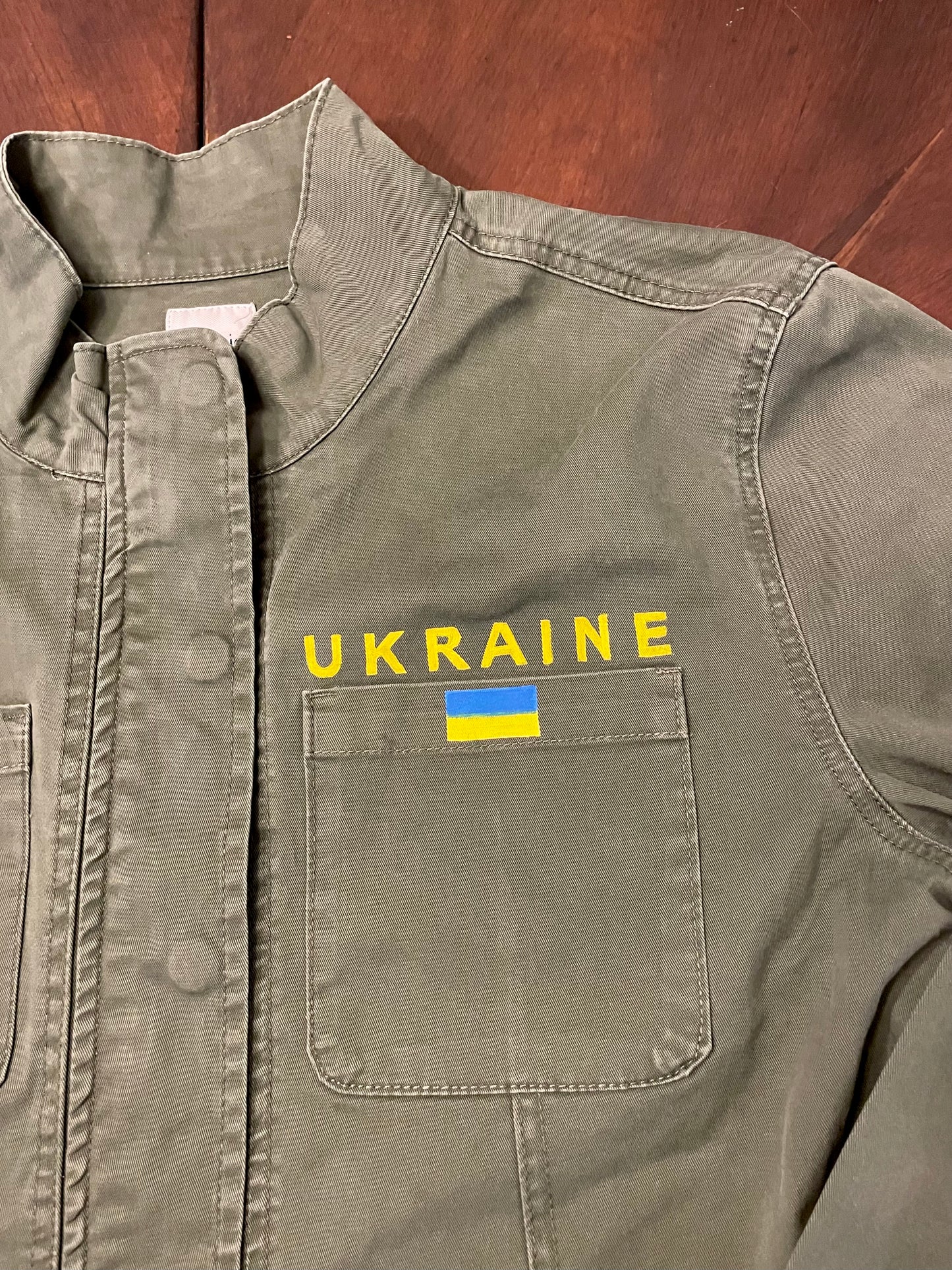 UKRAINE Hand-Painted Art on Twill Patch Pocket Olive Jacket