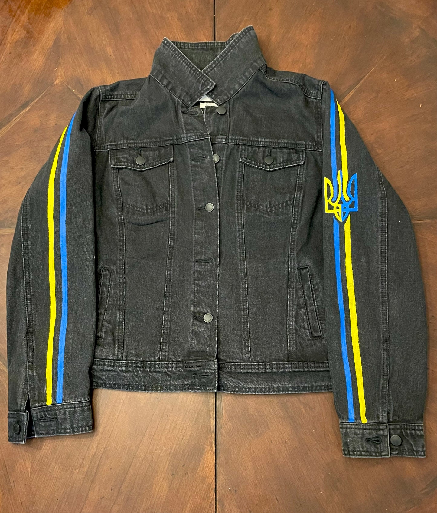 UKRAINE Black Denim Jacket with Country Color Sleeve Stripes