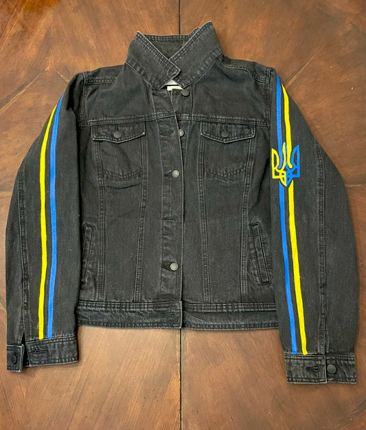 UKRAINE Black Denim Jacket with Country Color Sleeve Stripes